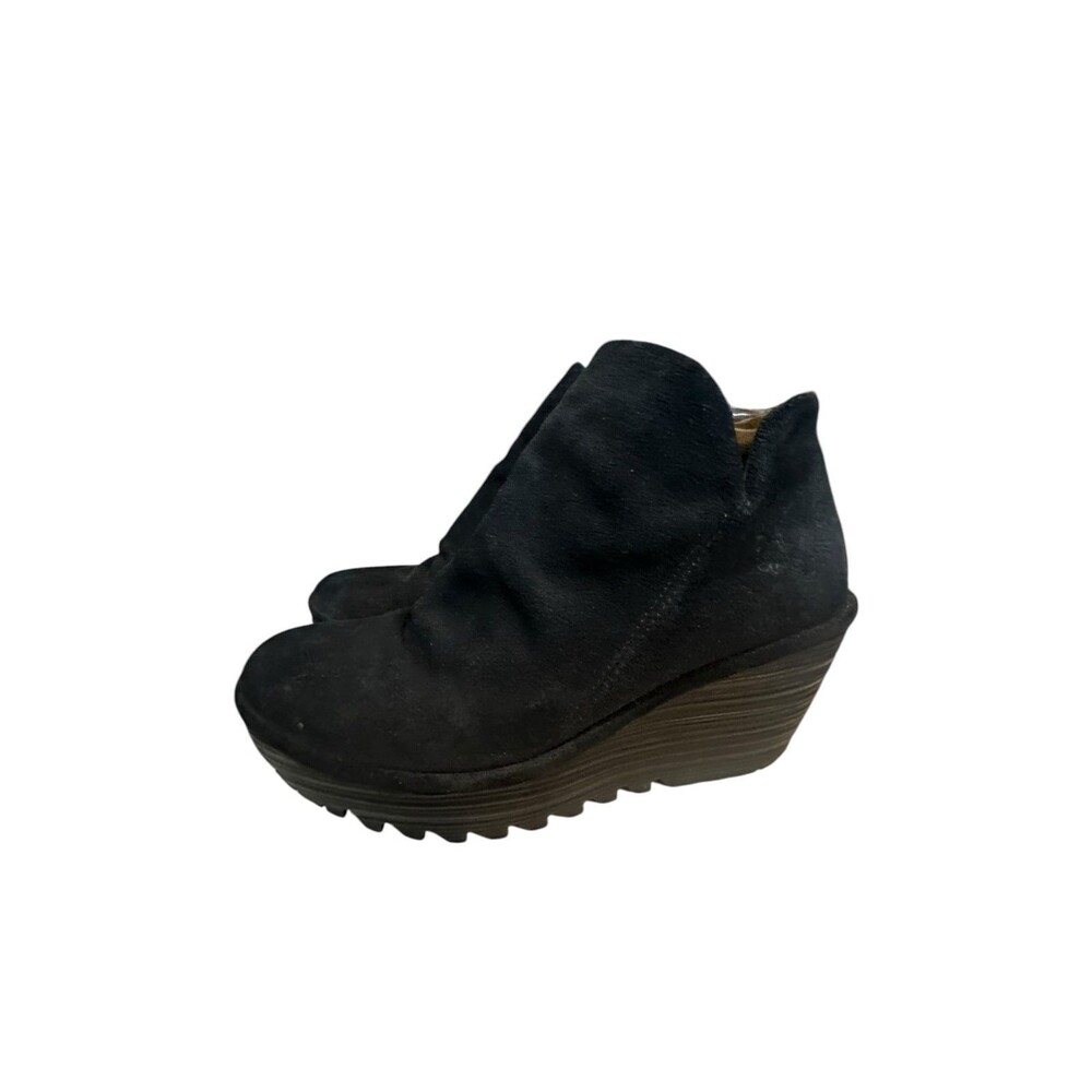 Fly London Yip Black Suede Leather Zip Up Wedge Ankle Boot Women 39 US 9 Boho